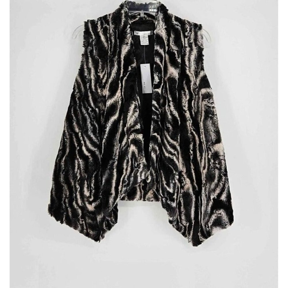 New WD-NY Faux Fur Very Soft Smooth Gray & Black Open Front Lapel Vest Sz Small
